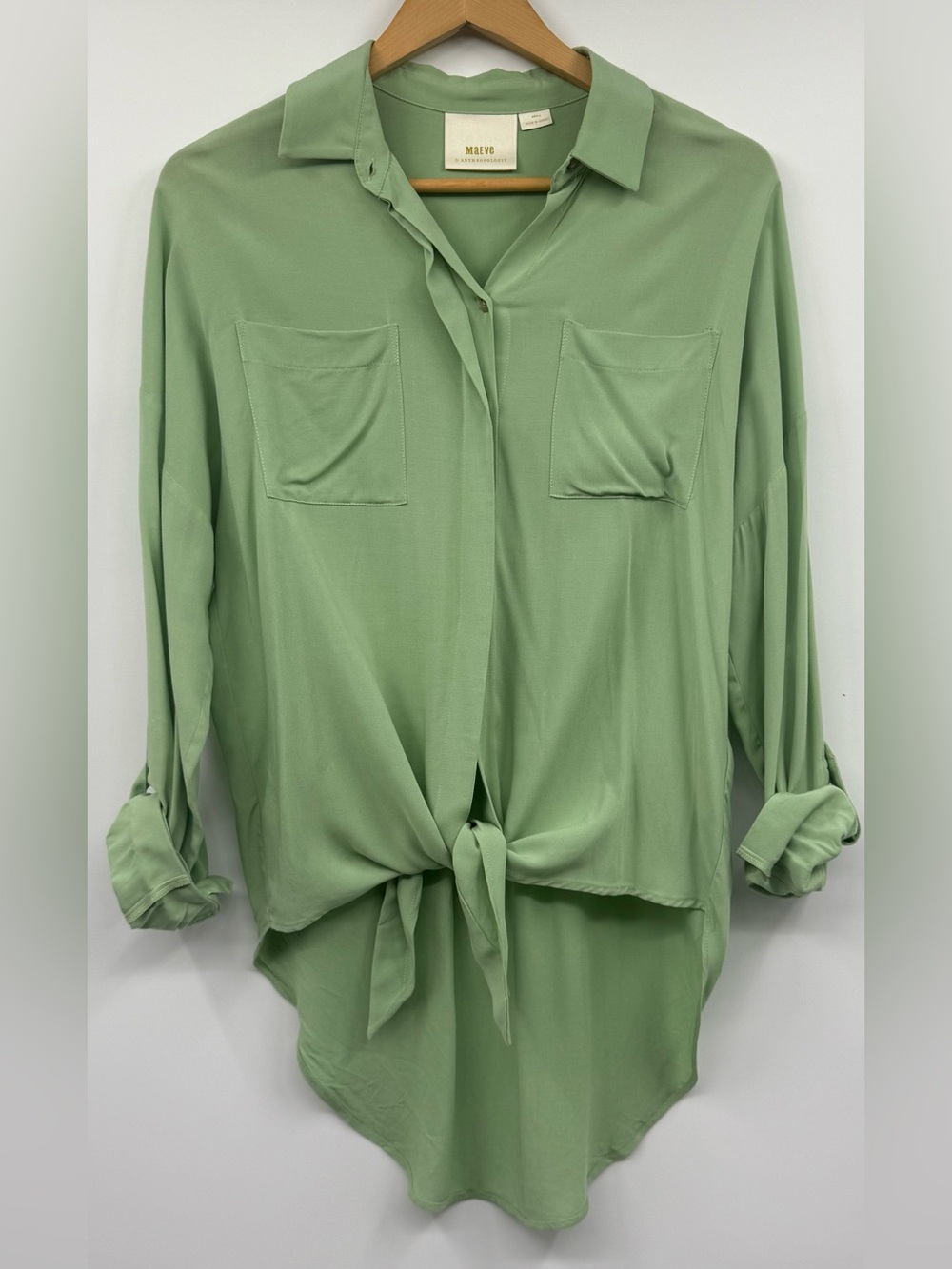 Maeve Anthropologie Tuesday Tie Green Tunic Long Sleeve Top Blouse Oversized SM
